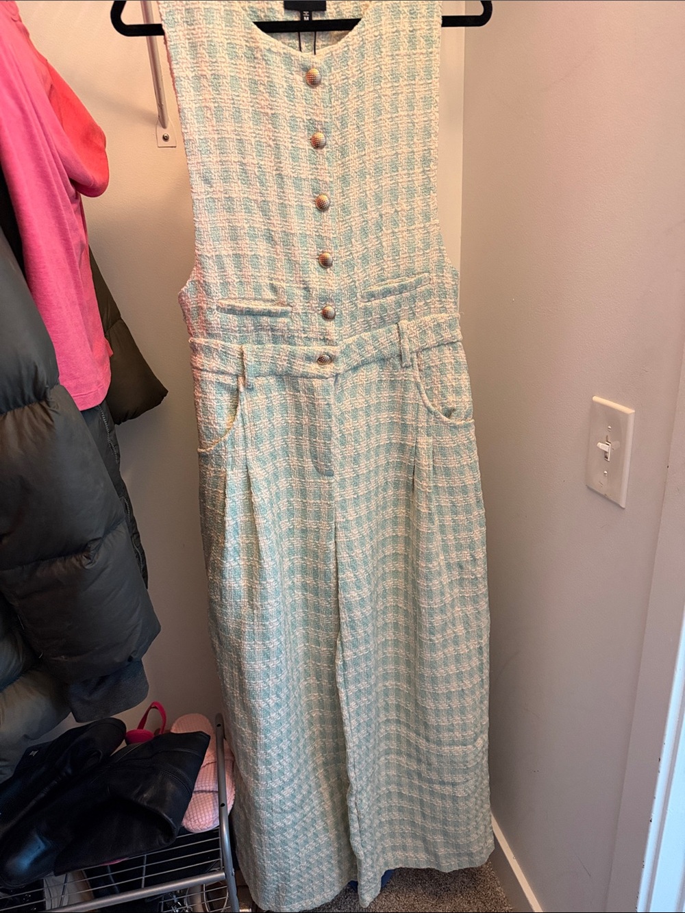 HYFVE Sleeveless Tweed Jumpsuit in Mint Check